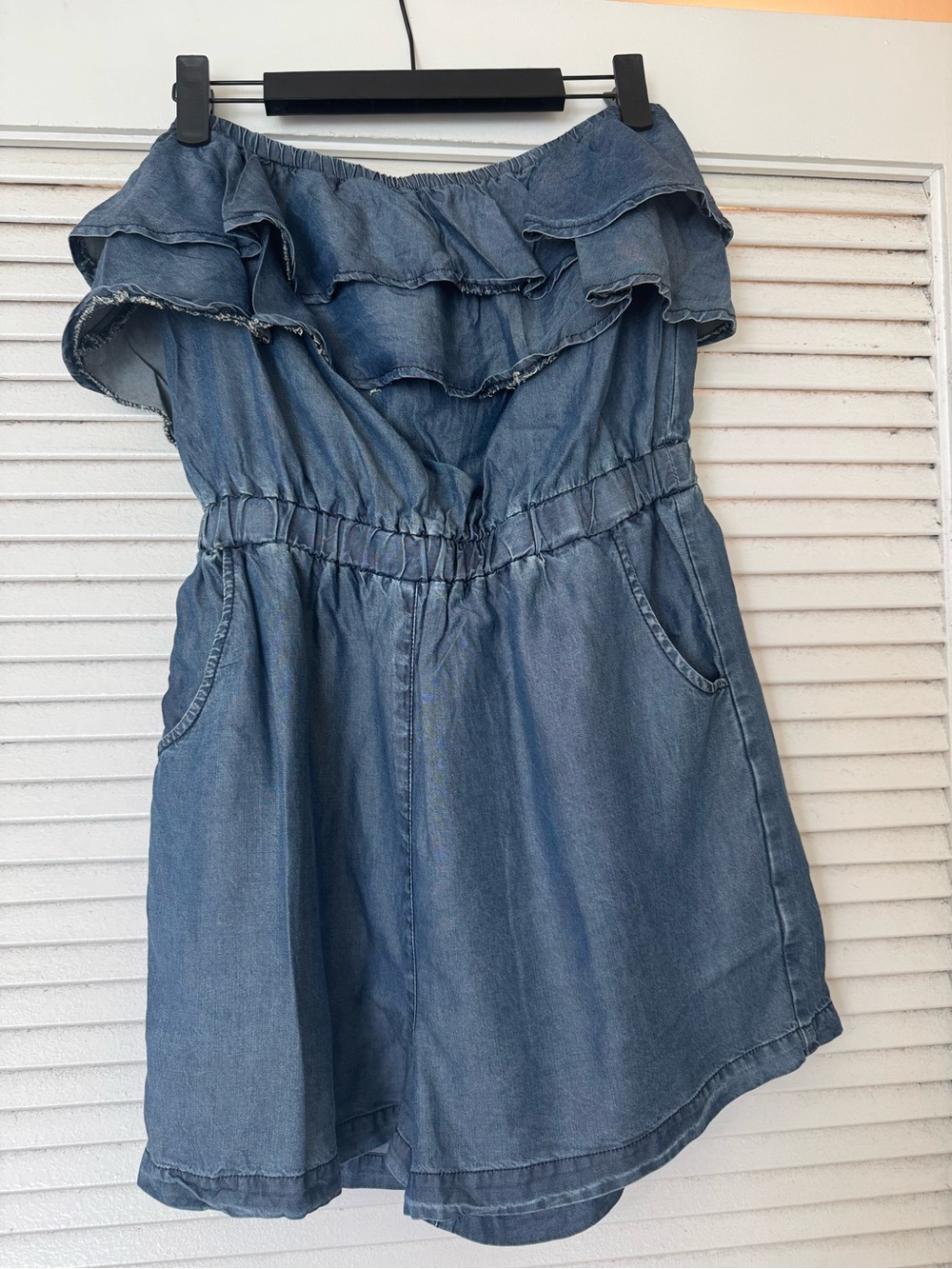 Blue Rain Denim Off-Shoulder Romper in Light Blue